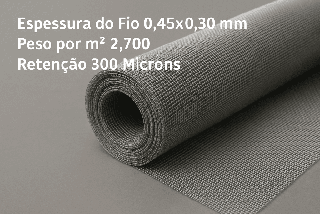 Espessura do Fio 0,45x0,30 mm, Peso por m² 2,700, Retenção 300 Microns