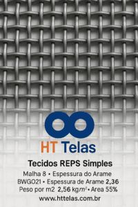 Tecidos REPS Simples com Malha 8, Espessura do Arame (BWG) 21, Espessura do Arame (mm) 0,81, Abertura (mm) 2,36, Peso por m² 2,56, Área 55% 2 Tecidos REPS Simples com Malha 8