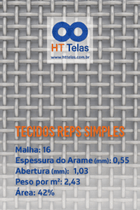 Tecidos REPS Simples - Malha 16, Espessura do Arame (mm) 0,55, Abertura (mm) 1,03, Peso por m² 2,43, Área 42% 2 Malha 16