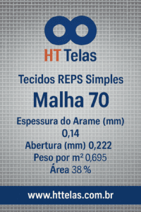Tecidos REPS Simples - Malha 70, Espessura do Arame (mm) 0,14, Abertura (mm) 0,222, Peso por m² 0,695, Área 38% 2 Malha 70