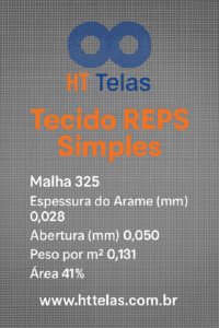 Tecidos REPS Simples - Malha 325, Espessura do Arame (mm) 0,028, Abertura (mm) 0,050, Peso por m² 0,131, Área 41% 2 malha 325