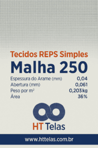 Tecidos REPS Simples - Malha 250, Espessura do Arame (mm) 0,04, Abertura (mm) 0,061, Peso por m² 0,203, Área 36% 2 malha 250