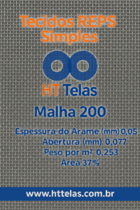 Tecidos REPS Simples - Malha 200, Espessura do Arame (mm) 0,05, Abertura (mm) 0,077, Peso por m² 0,253, Área 37% 2 malha 200