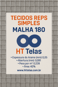 Tecidos REPS Simples - Malha 180, Espessura do Arame (mm) 0,05, Abertura (mm) 0,091, Peso por m² 0,228, Área 42% 2 malha 180