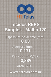 Tecidos REPS Simples - Malha 120, Espessura do Arame (mm) 0,08, Abertura (mm) 0,131, Peso por m² 0,389, Área 39% 2 malha 120