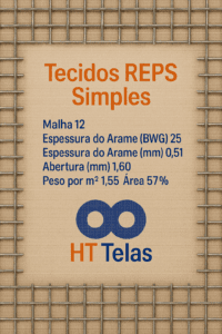 Tecidos REPS Simples - Malha 12, Espessura do Arame (BWG) 25, Espessura do Arame (mm) 0,51, Abertura (mm) 1,60, Peso por m² 1,55, Área 57%